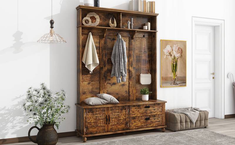 Rustic Charm Hall Tree with Storage and Hooks