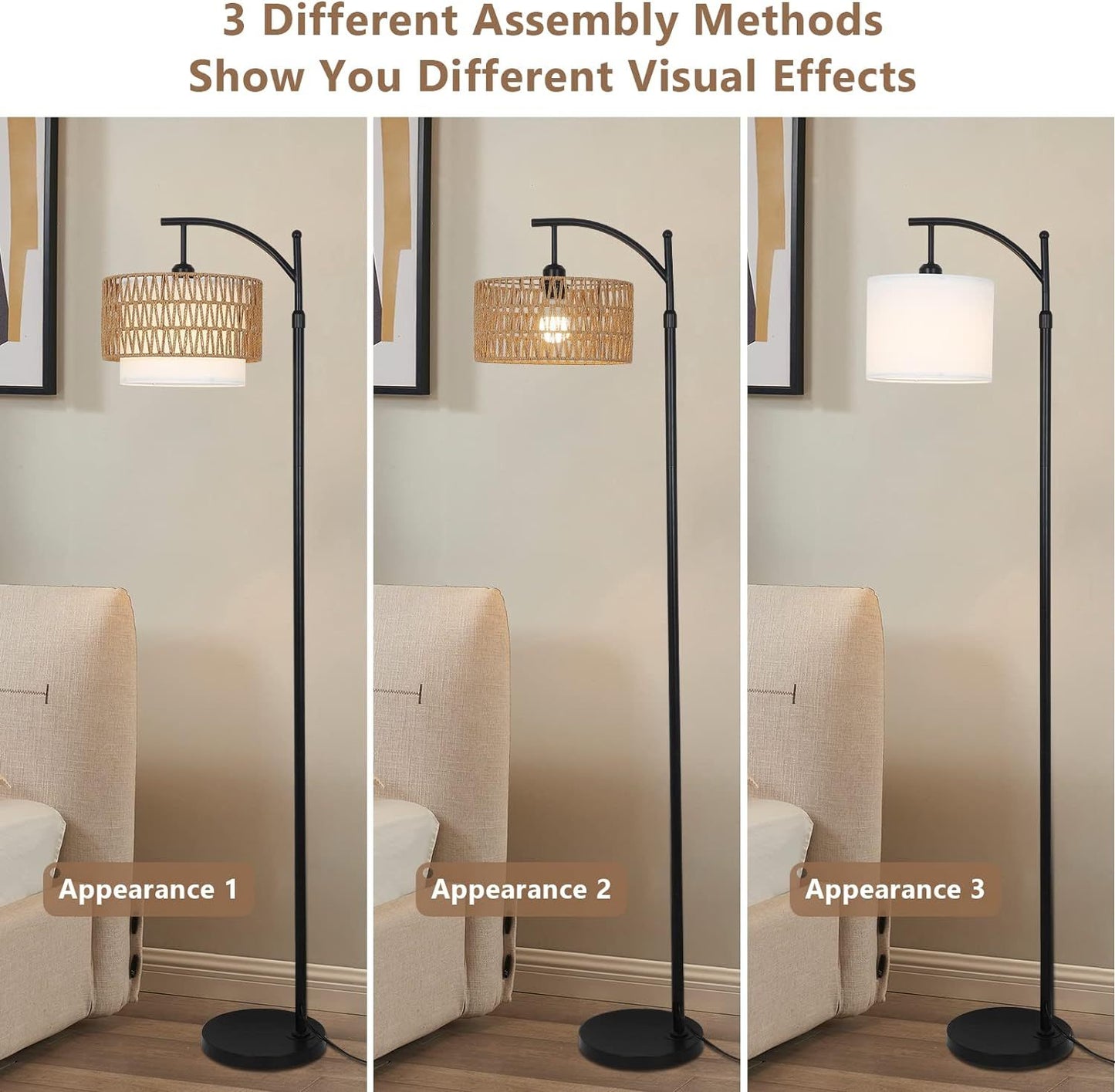 Cozy Arc Floor Lamp with Remote Control and Dimmable Rattan Shades