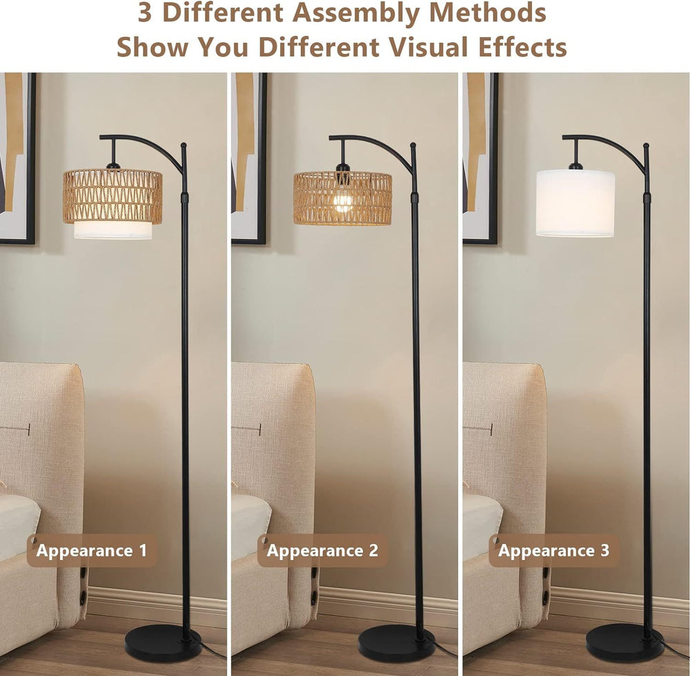 Cozy Arc Floor Lamp with Remote Control and Dimmable Rattan Shades