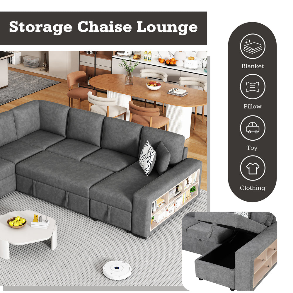 Cozy U-Shaped Sofa Bed with USB Ports & Storage Chaise