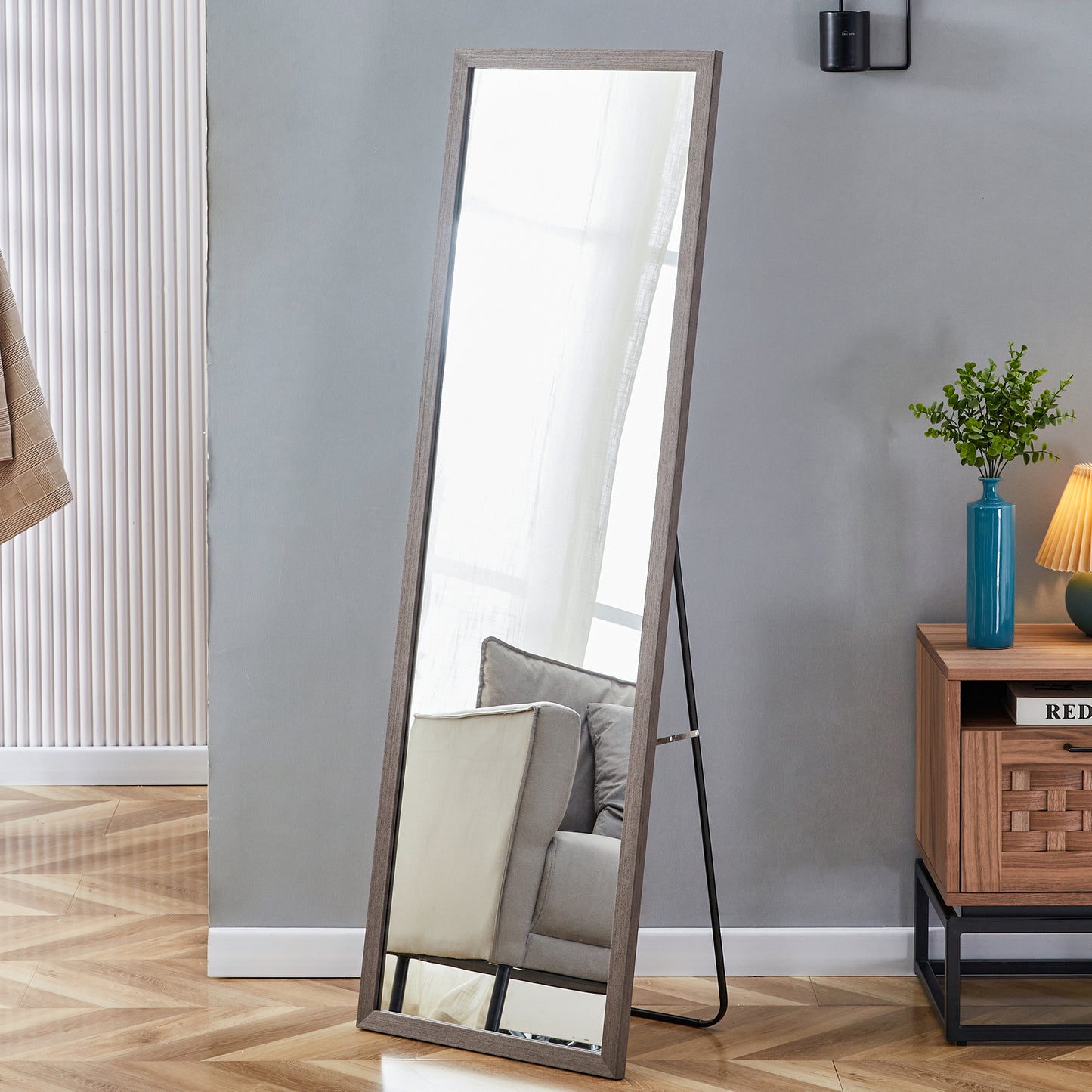 Elegant Gray Wood Framed Full-Length Mirror