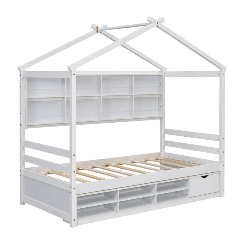 Cozy Twin House Bed with Roof & Storage