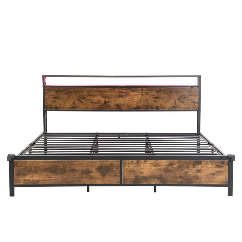 Rustic King Bed Frame with LED Lights and USB Ports