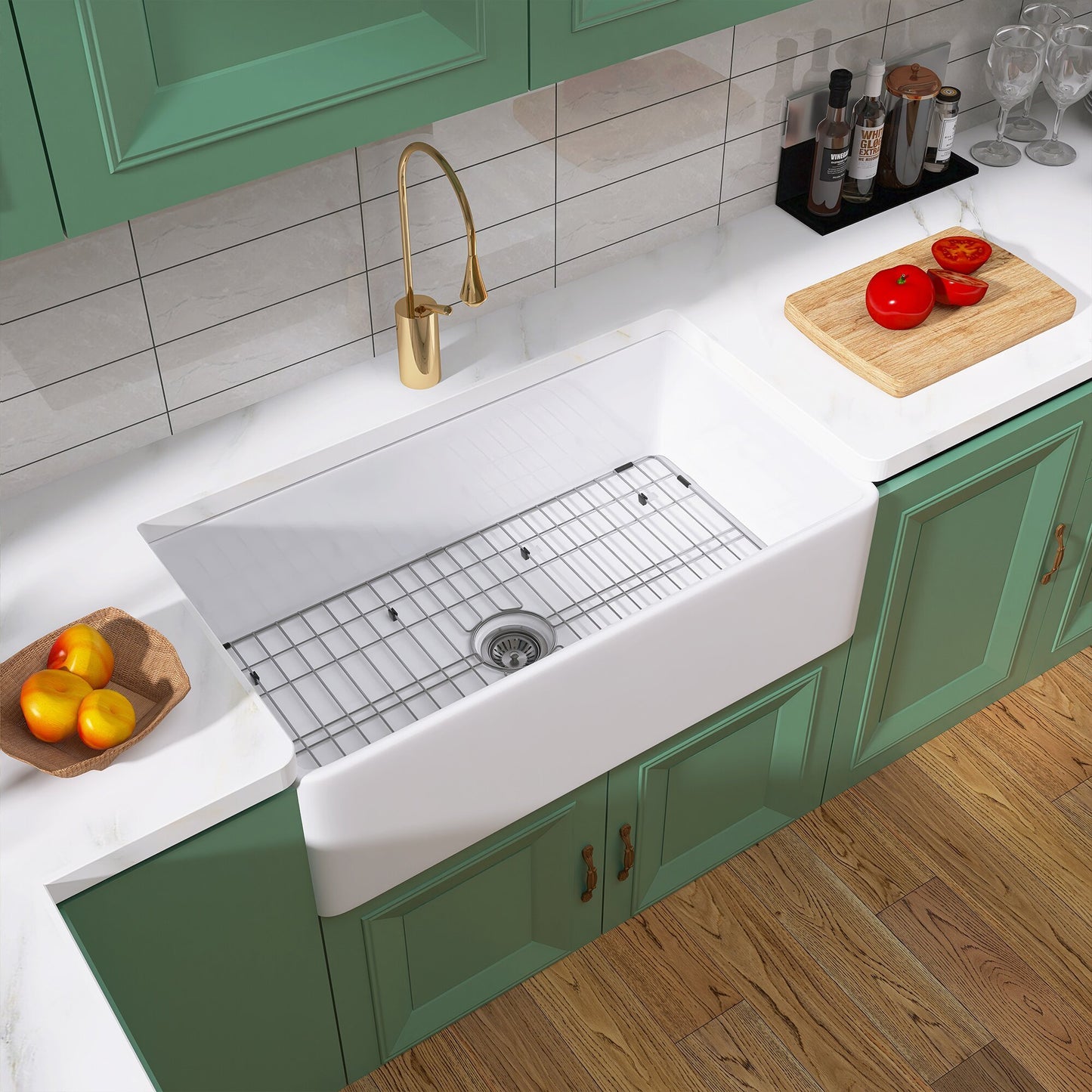 Chic White Farmhouse Kitchen Sink with Drain & Grid