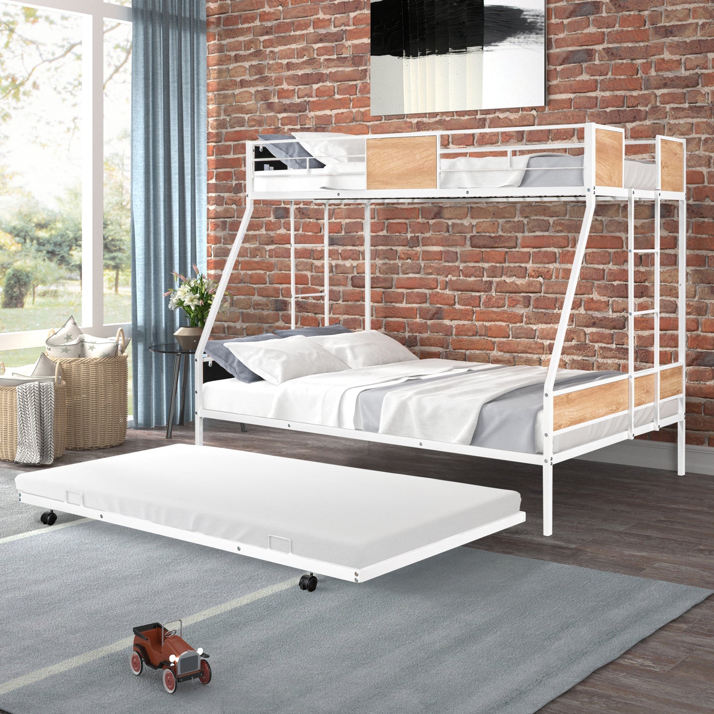 Sturdy Metal Bunk Bed with Trundle & Guardrail