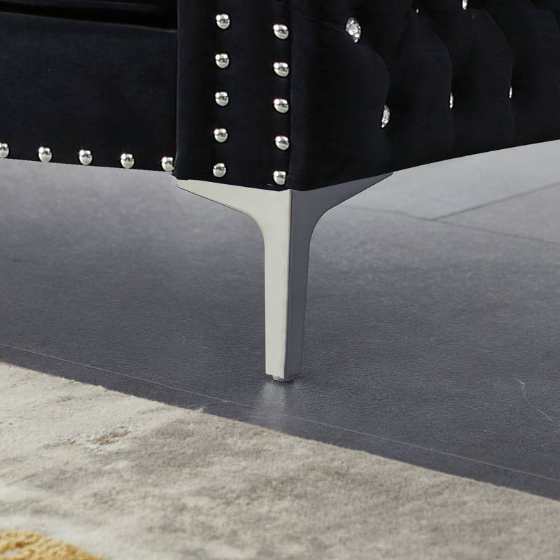 Luxurious Black Velvet Jewel Button Sofa with Pillows