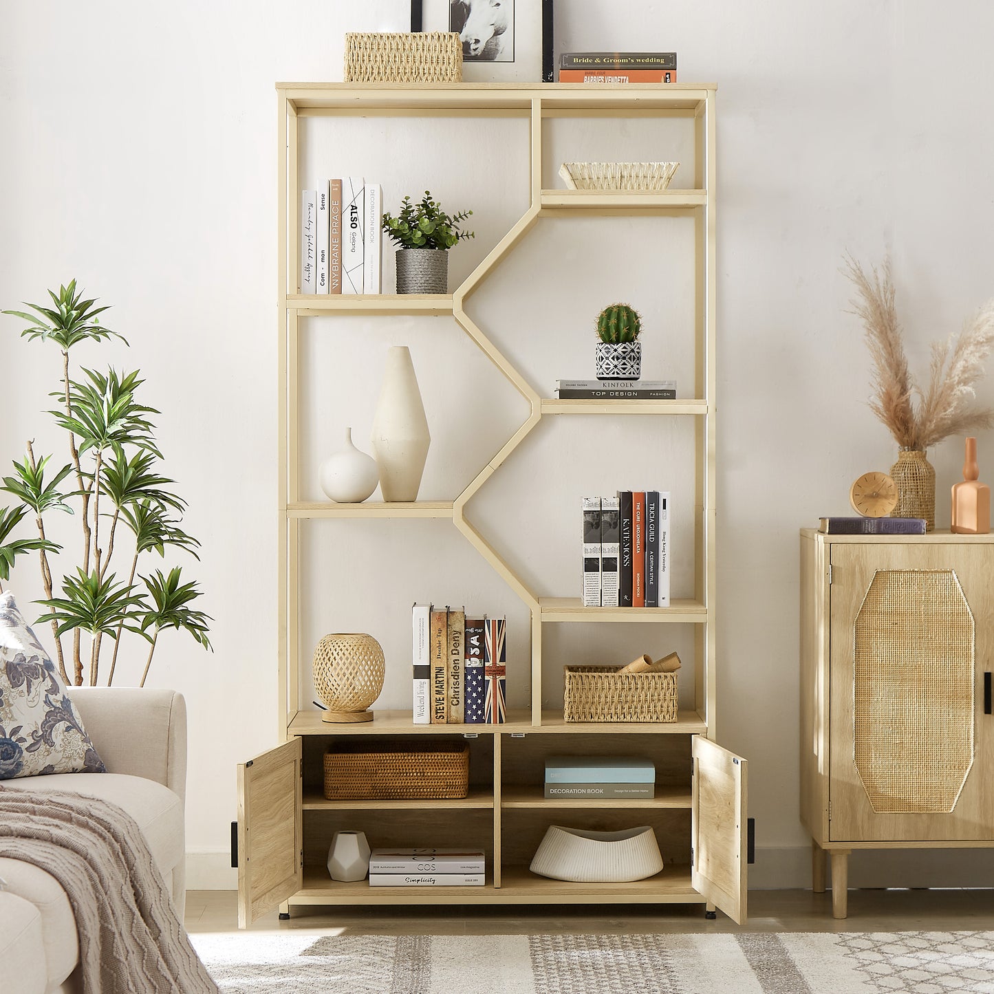 Natural Rattan Tall Bookshelf with Cabinet