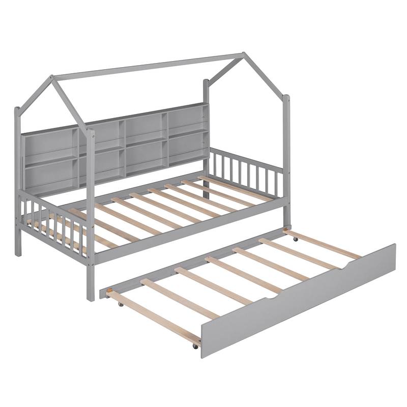 Cozy Gray House Bed with Trundle for Kids