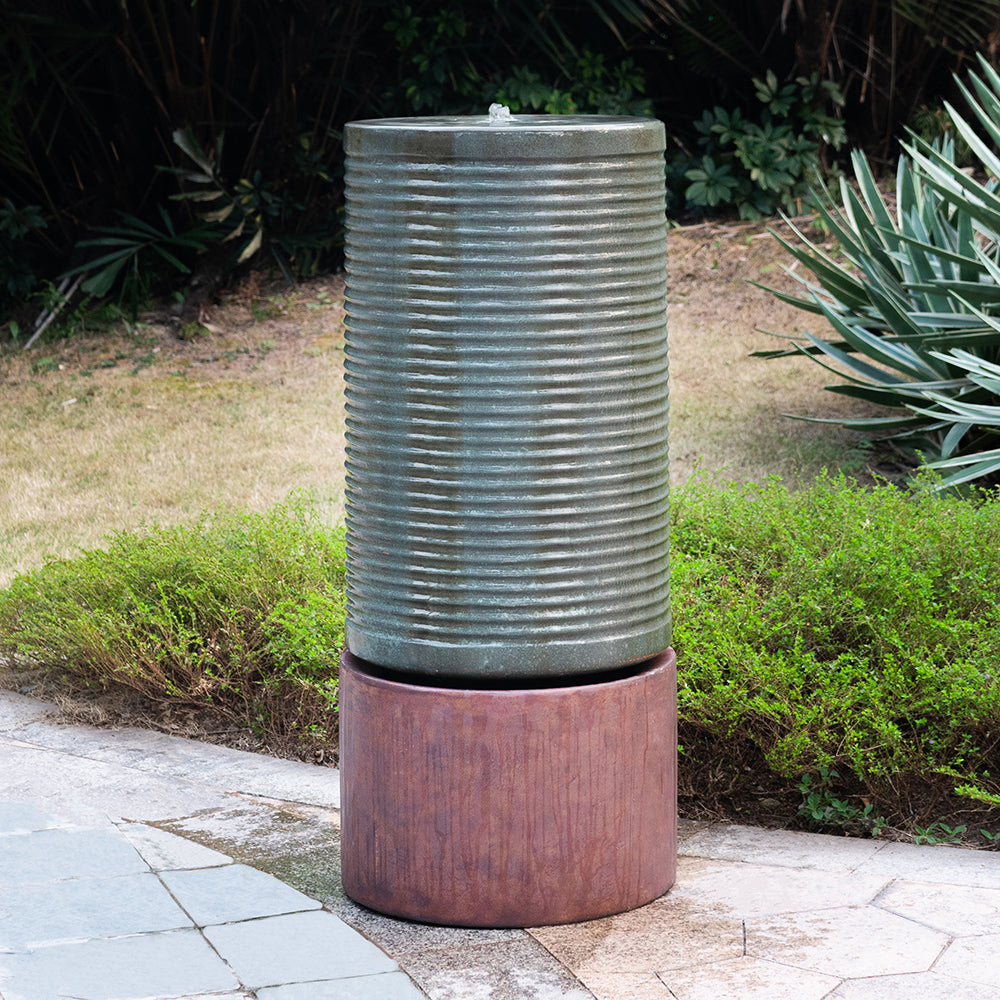 Rustic Green Cylinder Fountain & Bird Bath