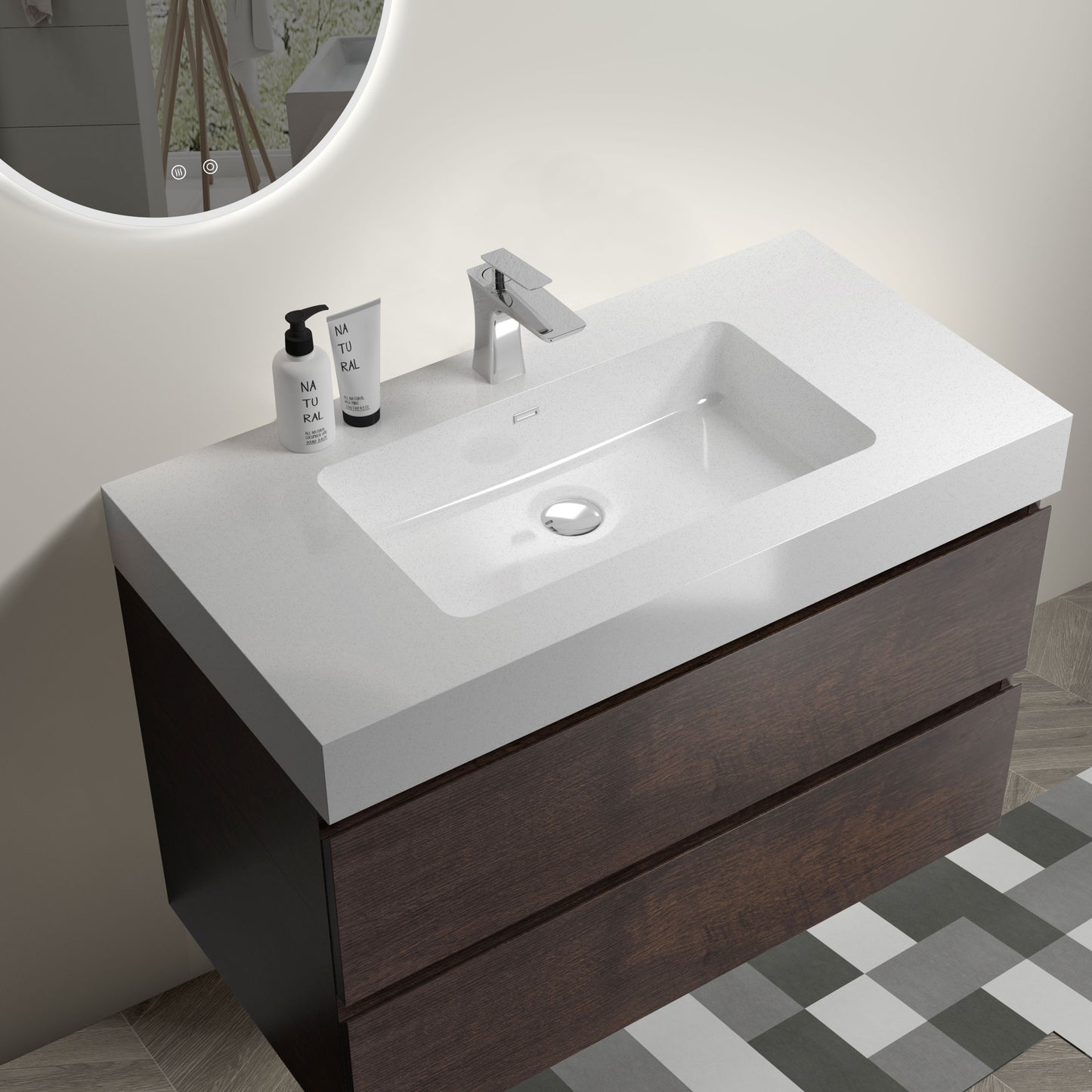 Walnut Wall-Mounted Vanity with Sleek Sink and Ample Storage