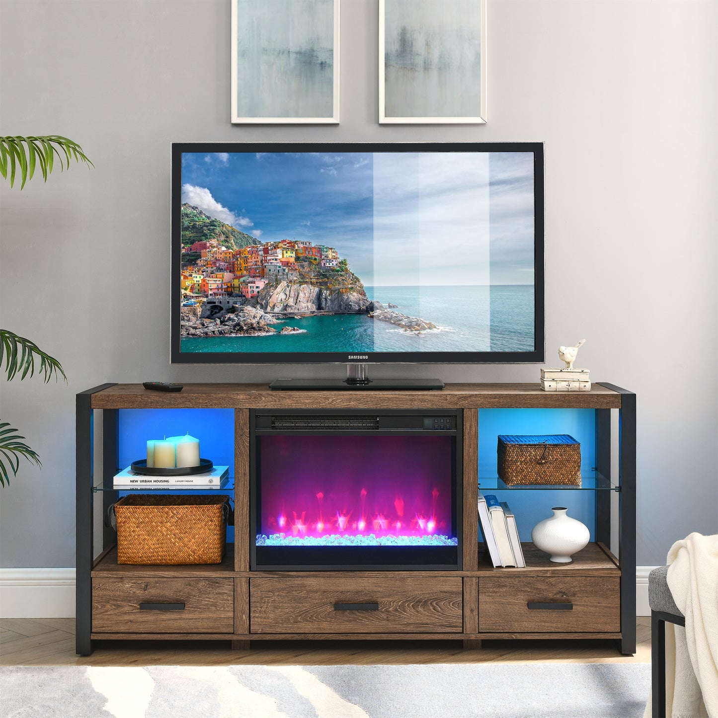 Cozy LED Fireplace TV Stand in Rustic Barnwood