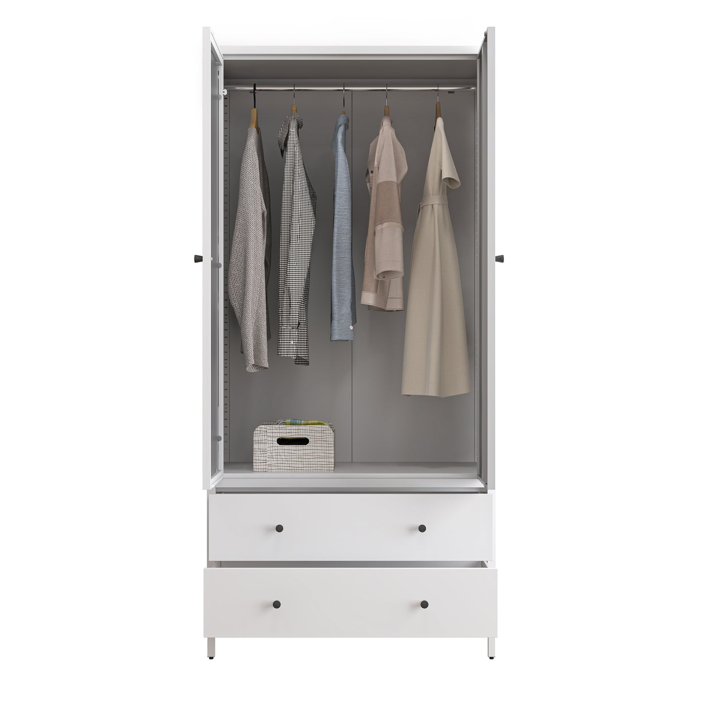 Chic White Metal Wardrobe with Mirror and Drawers