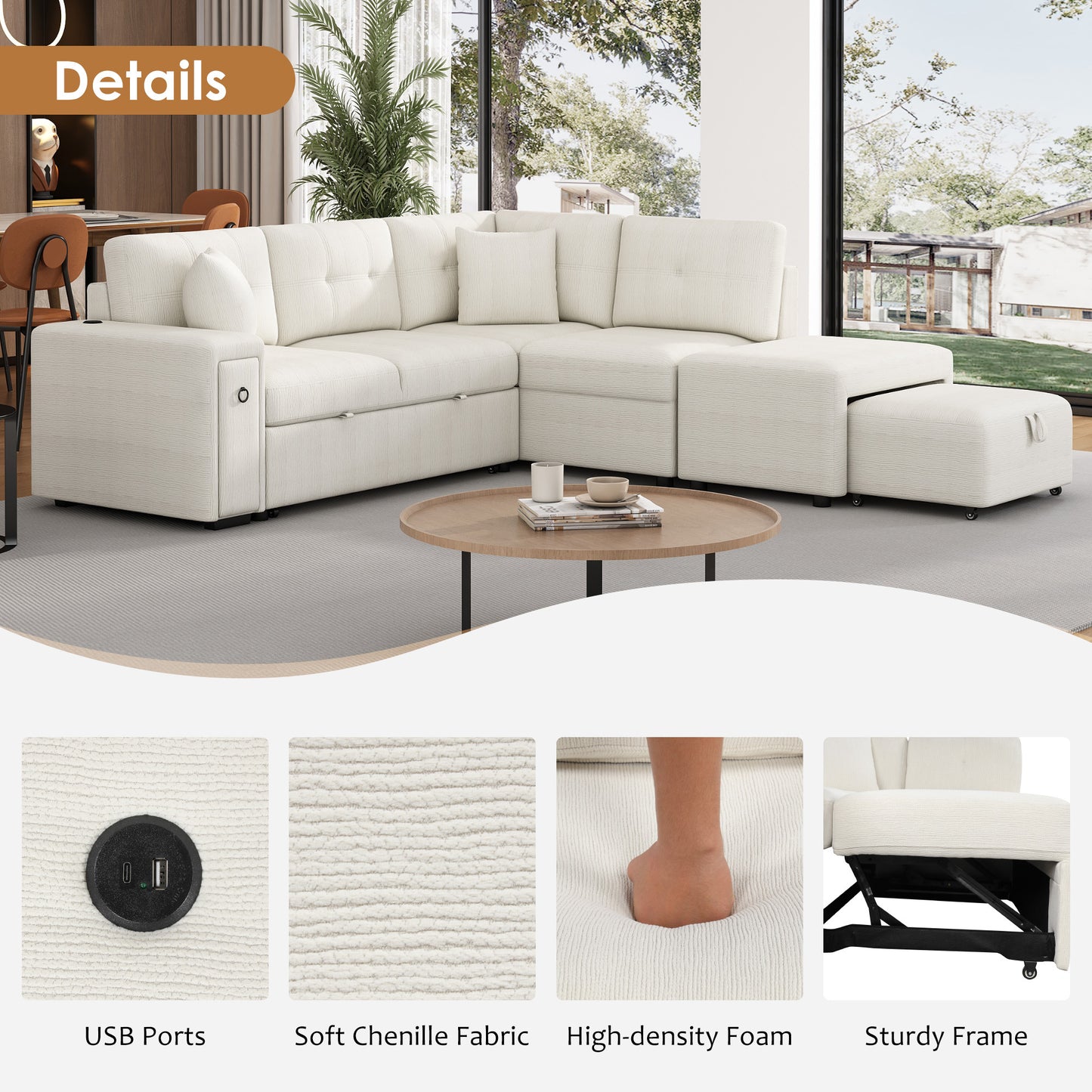 Haven L-Shaped Sofa Bed with Ottoman & USB Ports - Beige