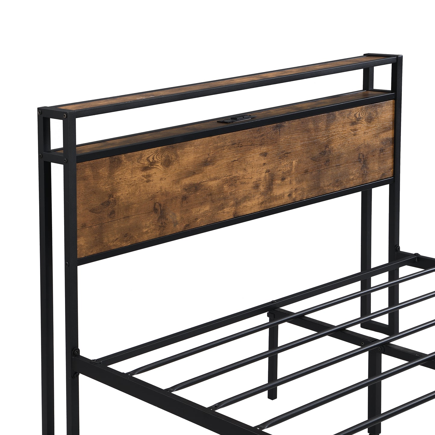 Stylish Queen Metal Bed Frame with Wooden Accents & USB Charging - No Box Spring Needed!