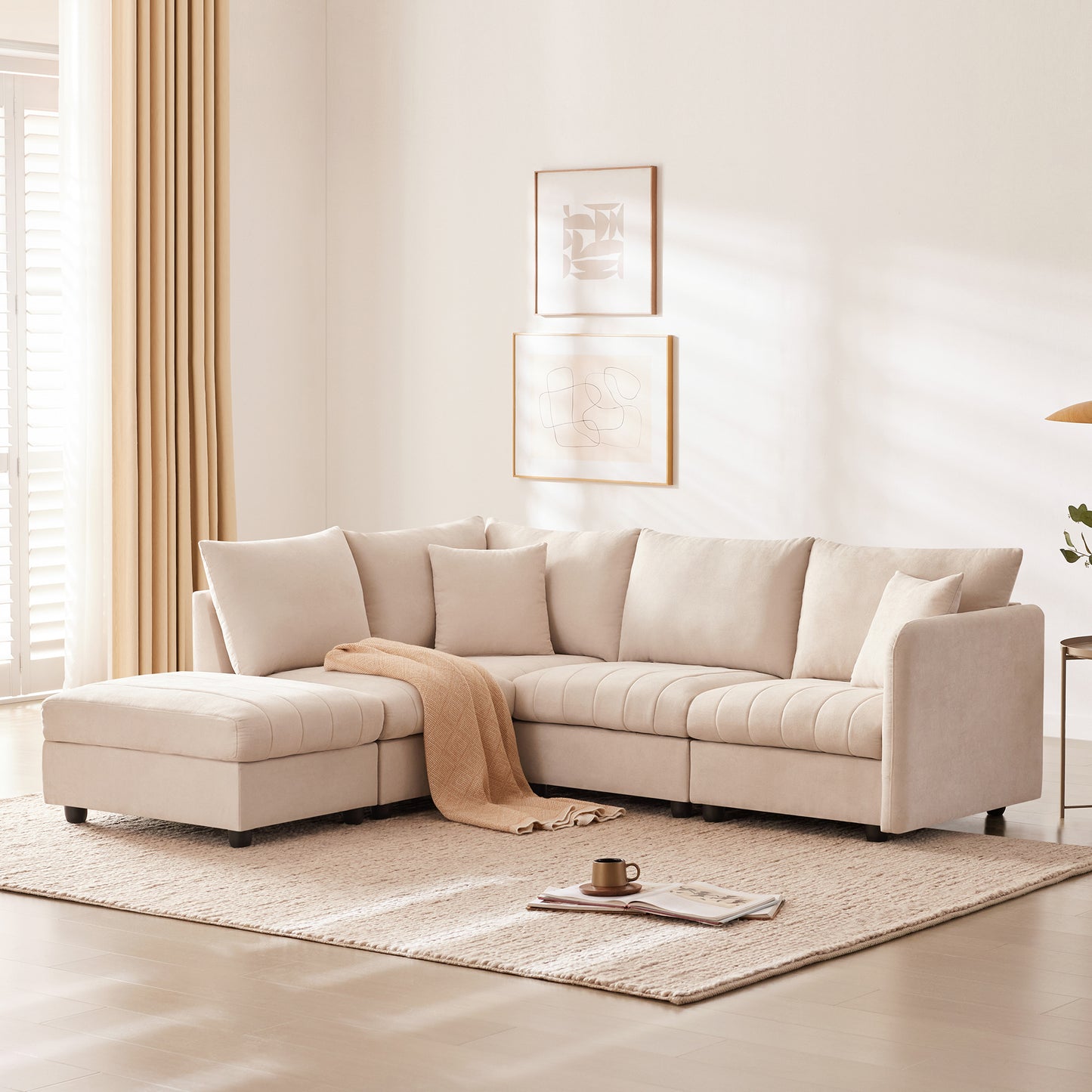 Chic Striped L-Shaped Sofa with Convertible Ottoman