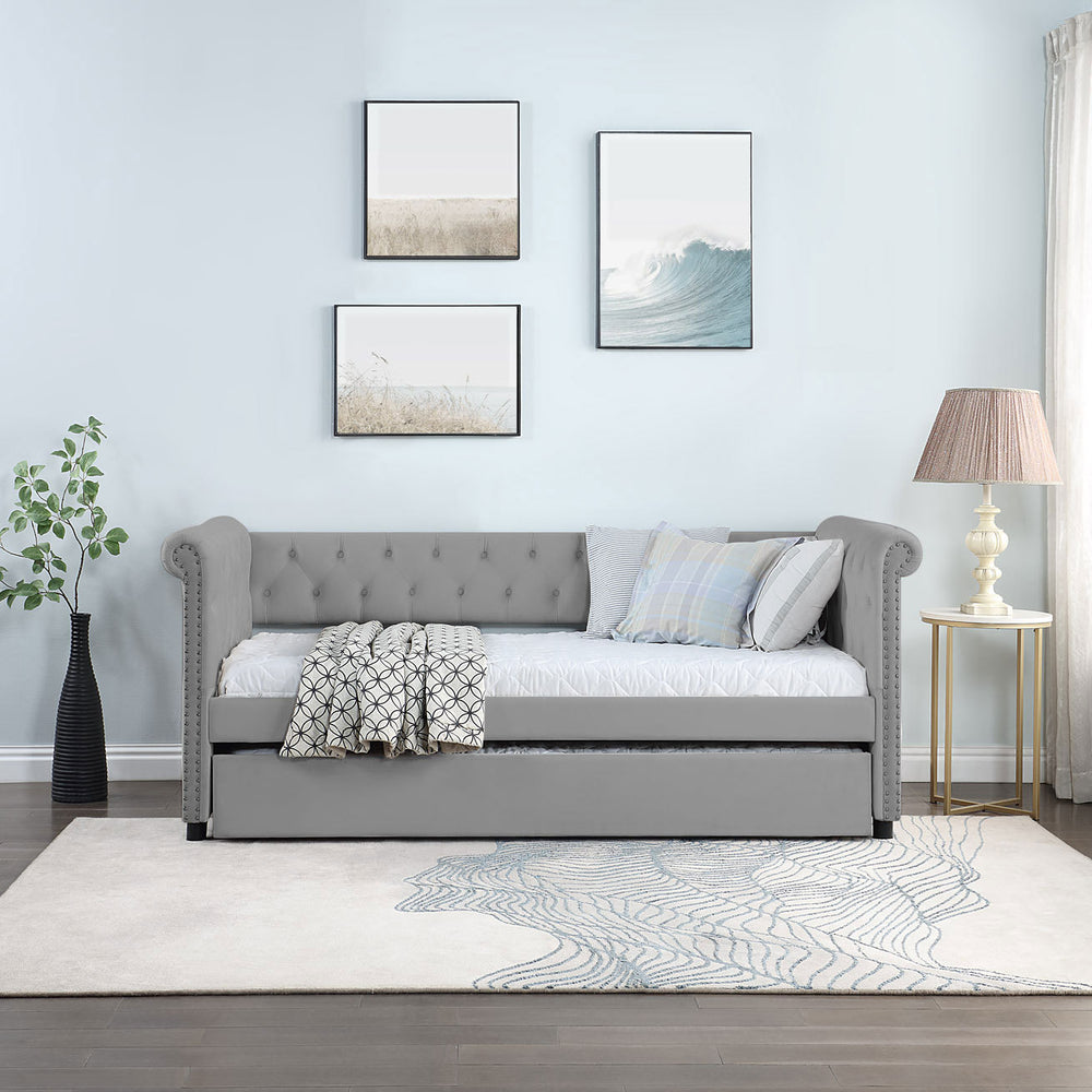 Cozy Grey Tufted Daybed with Trundle