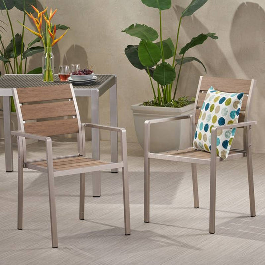 Stylish Outdoor Aluminum Dining Chairs with Natural Wood Look - Set of Two