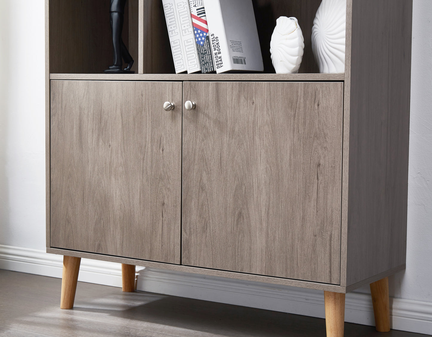 Chic Gray Oak Bookcase with Doors