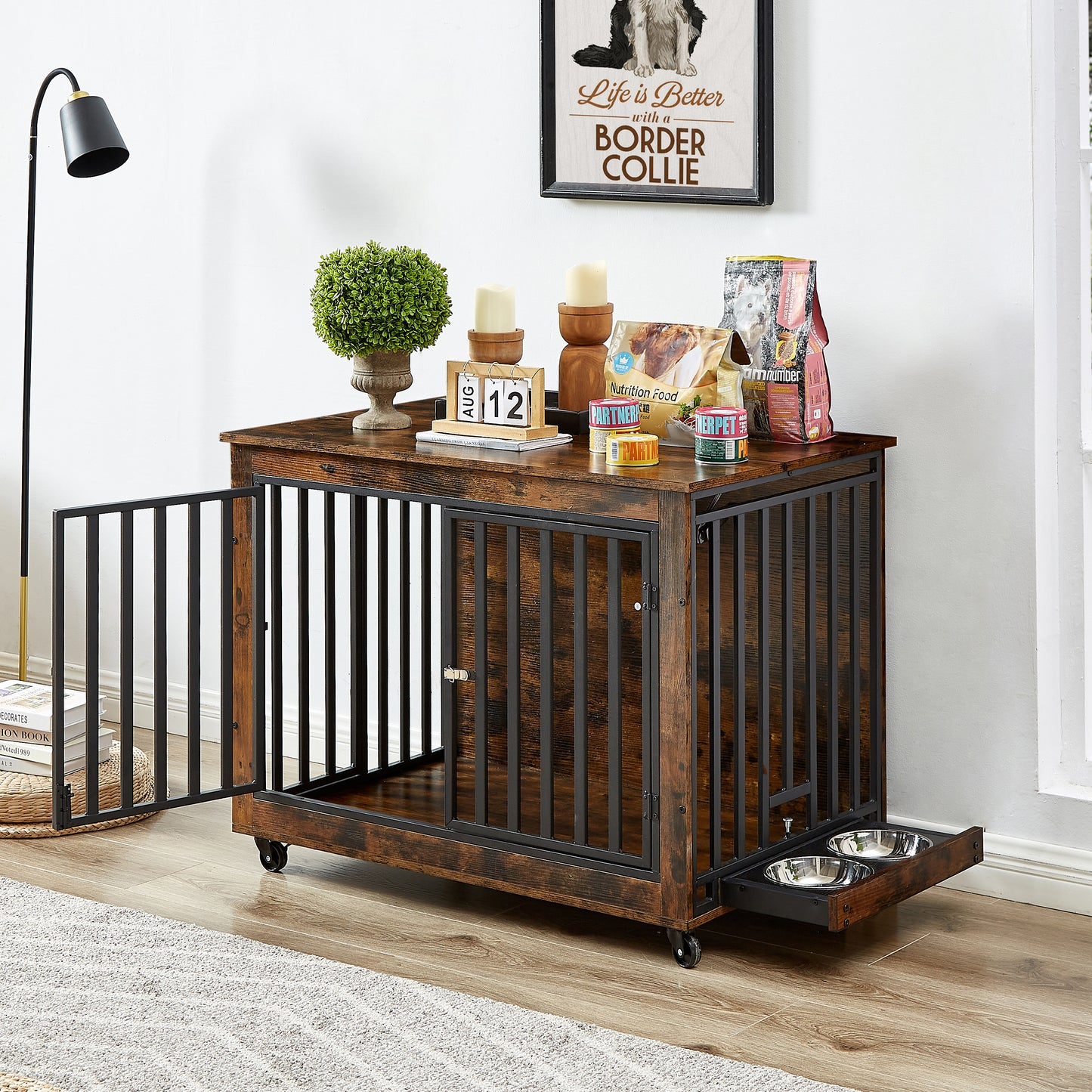 Rustic Pet Haven: Stylish Dog Crate & Feeding Station on Wheels