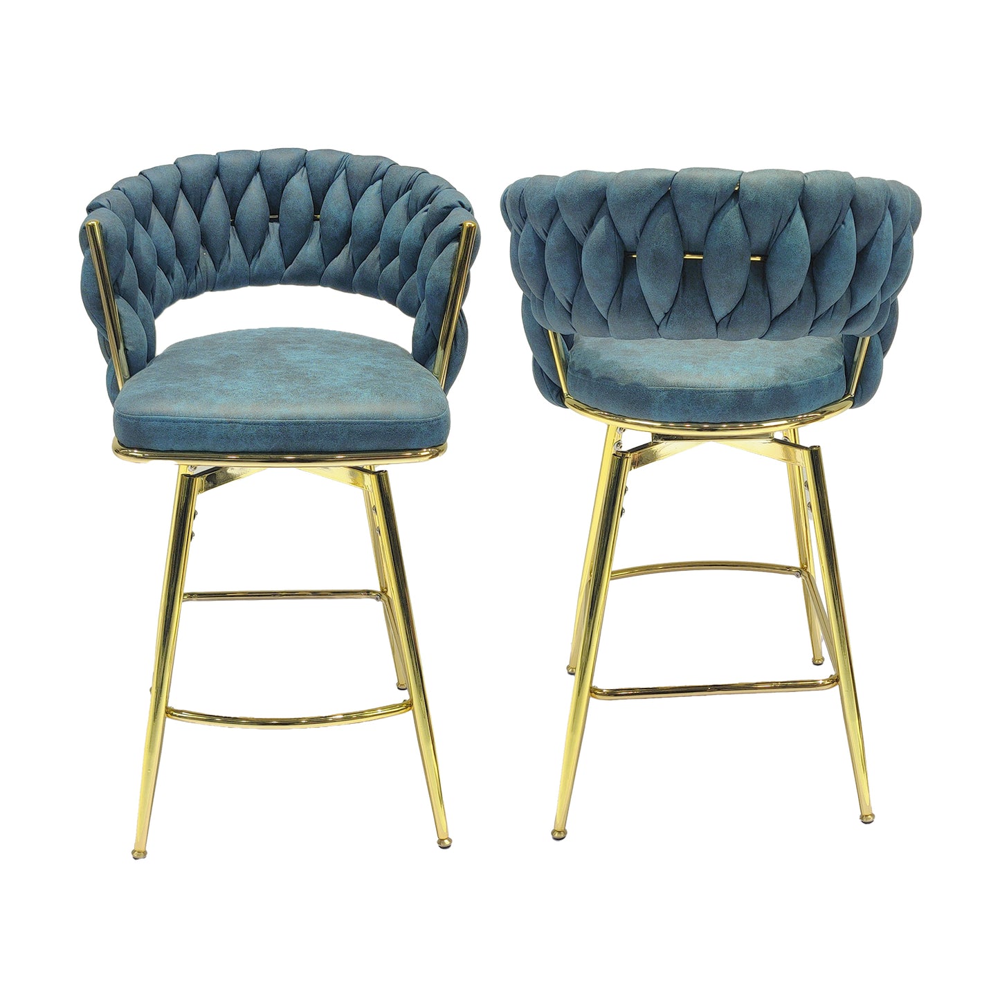 Chic Blue Swivel Bar Stools with Golden Legs - Set of Two