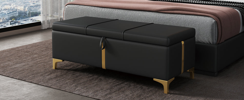 Chic Black Storage Ottoman with Metal Legs