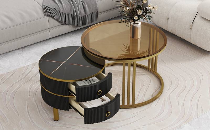 Chic Nesting Coffee Tables with Drawers - Sleek Round Design in Black and Brown Glass