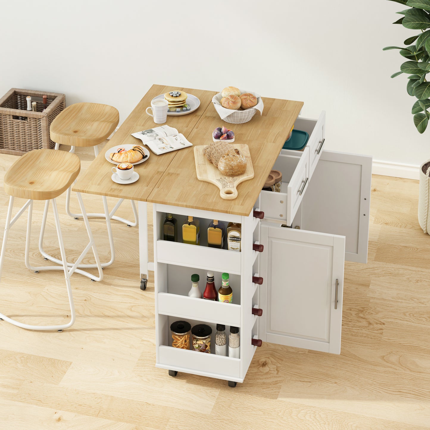 Versatile Kitchen Island Cart with Cabinets & Wine Rack - White