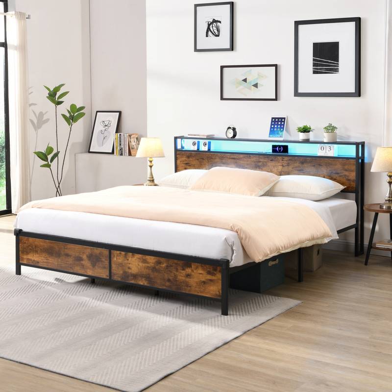 Rustic King Bed Frame with LED Lights and USB Ports