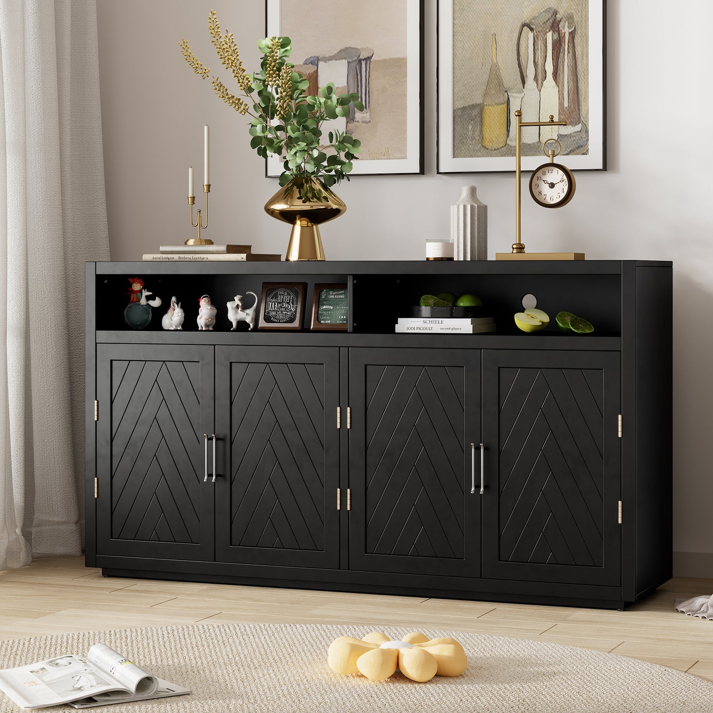 Stylish Black Classic Sideboard with Adjustable Shelves