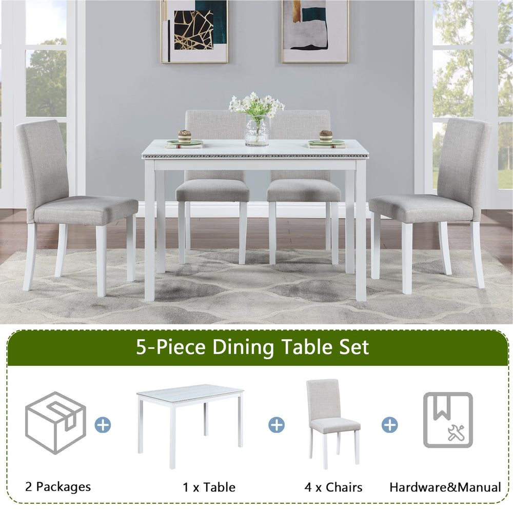 Chic White Dining Set with Upholstered Chairs