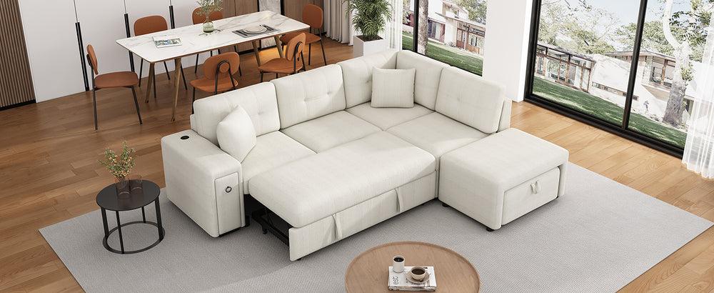 Haven L-Shaped Sofa Bed with Ottoman & USB Ports - Beige