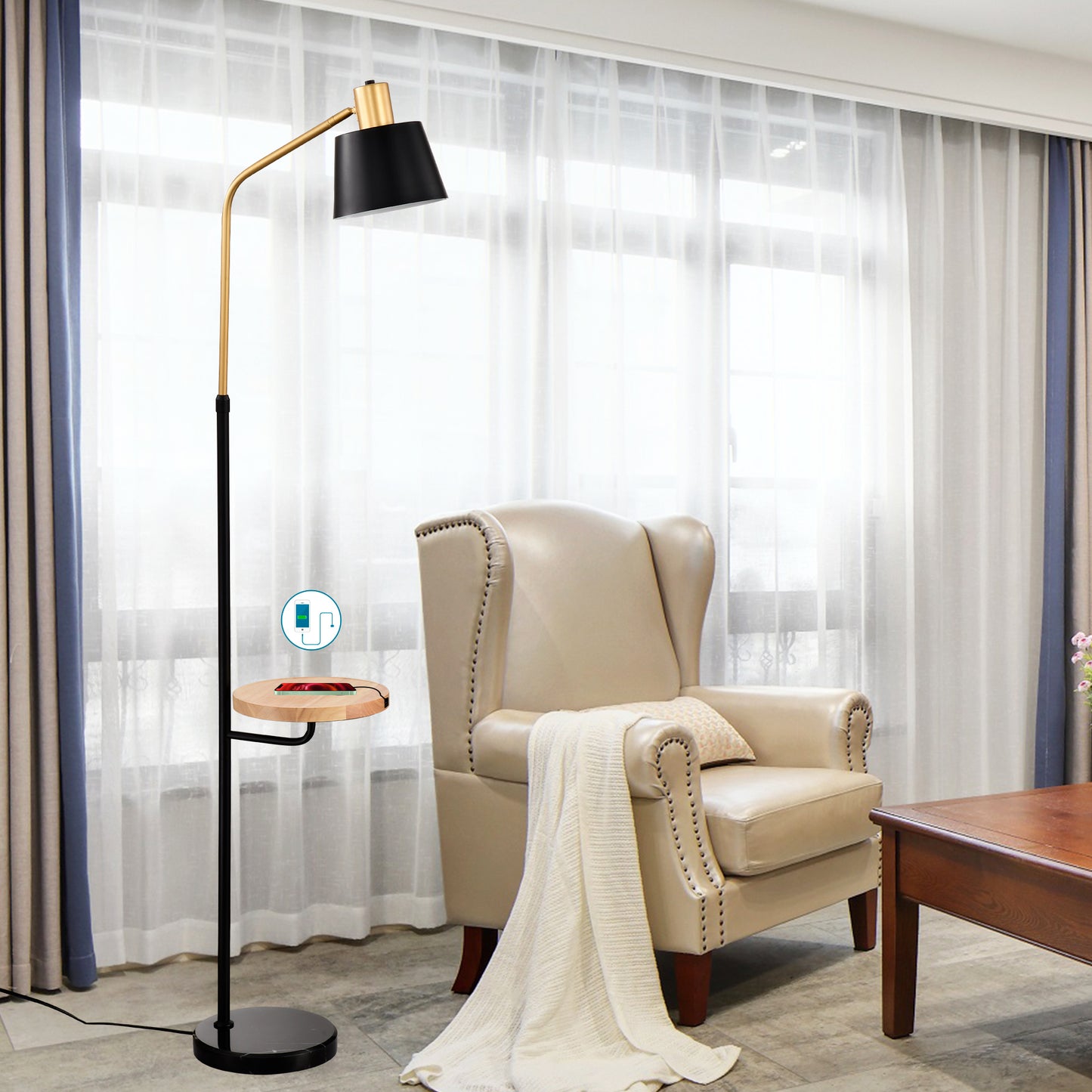 Elegant Marble & Wood Lamp Table with USB Charge