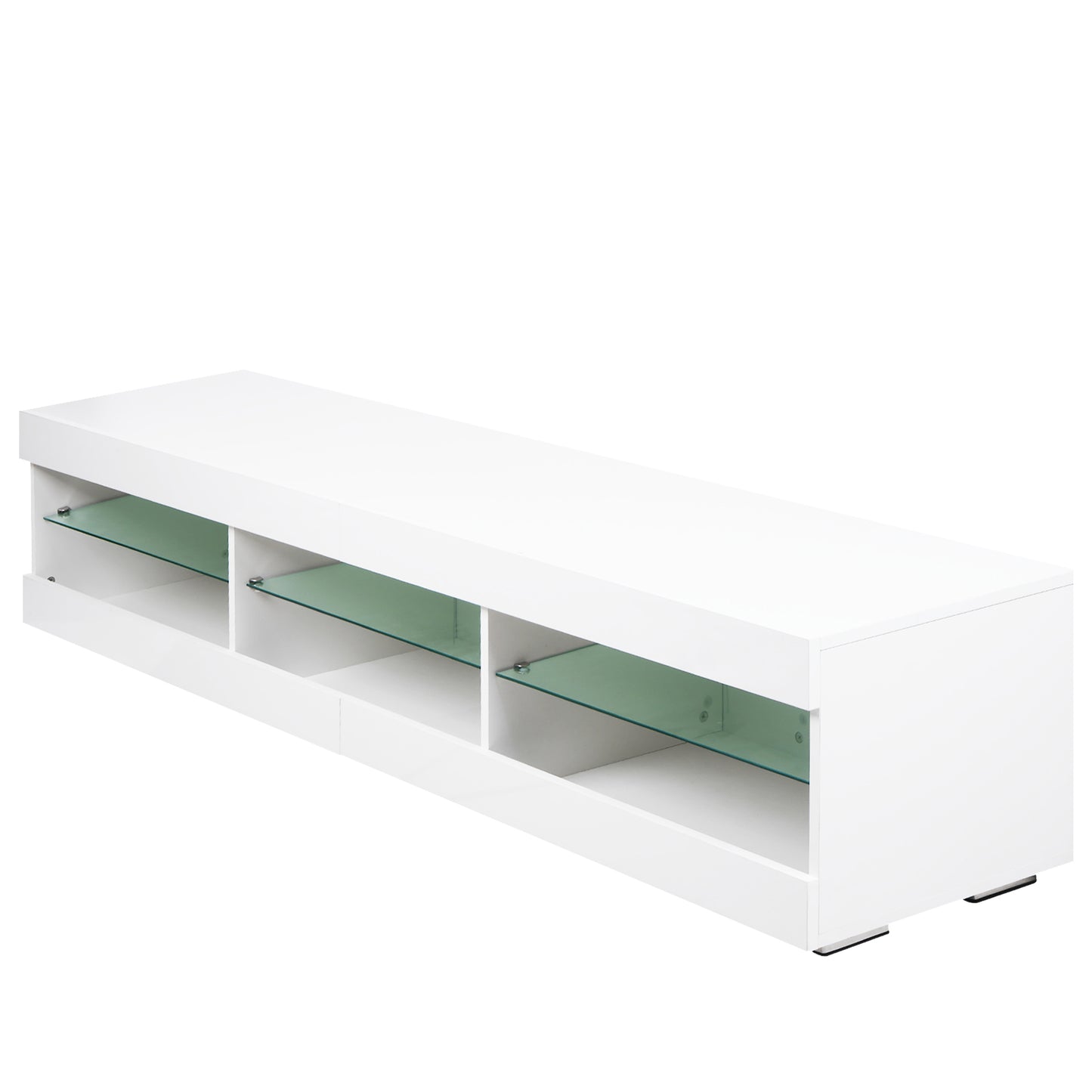 Sleek LED TV Stand with Glass Shelves and Storage