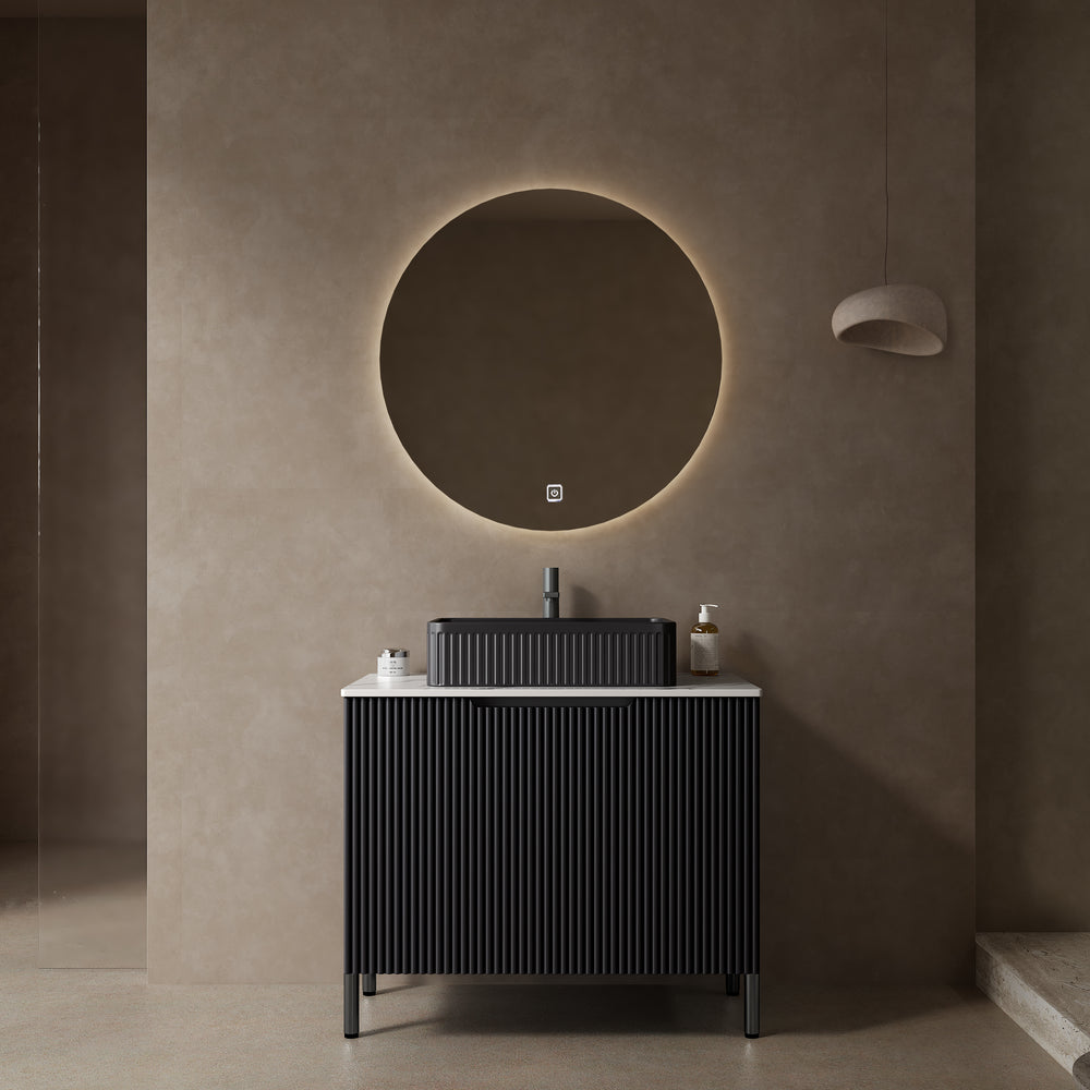 Sleek Black Vanity with Elegant White Stone Top