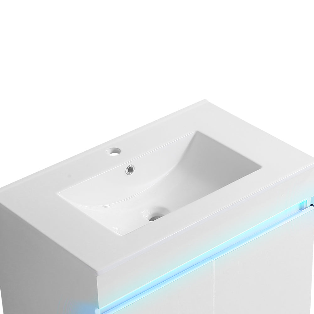 Sleek White Wall-Mounted Vanity with Sensor Light & Ample Storage