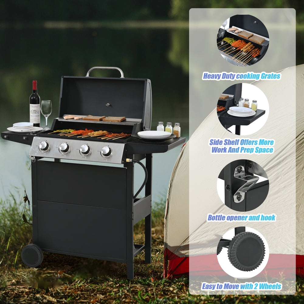 Stainless Steel 4-Burner Propane Grill with Shelves & Wheels