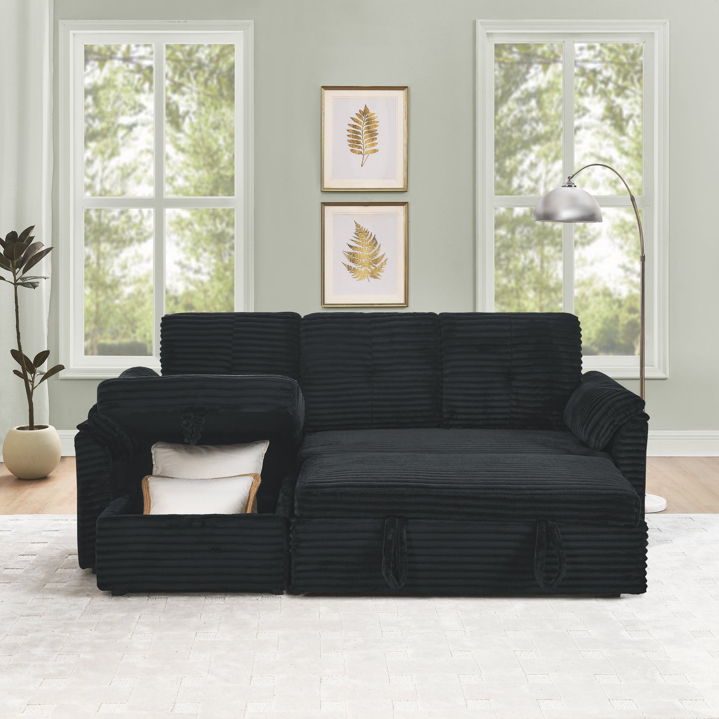 Chic Convertible Corduroy Sleeper Sofa with Storage Chaise