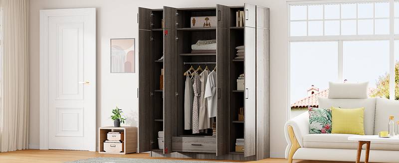 Stylish Gray Four-Door Wardrobe with Drawer and Cabinet