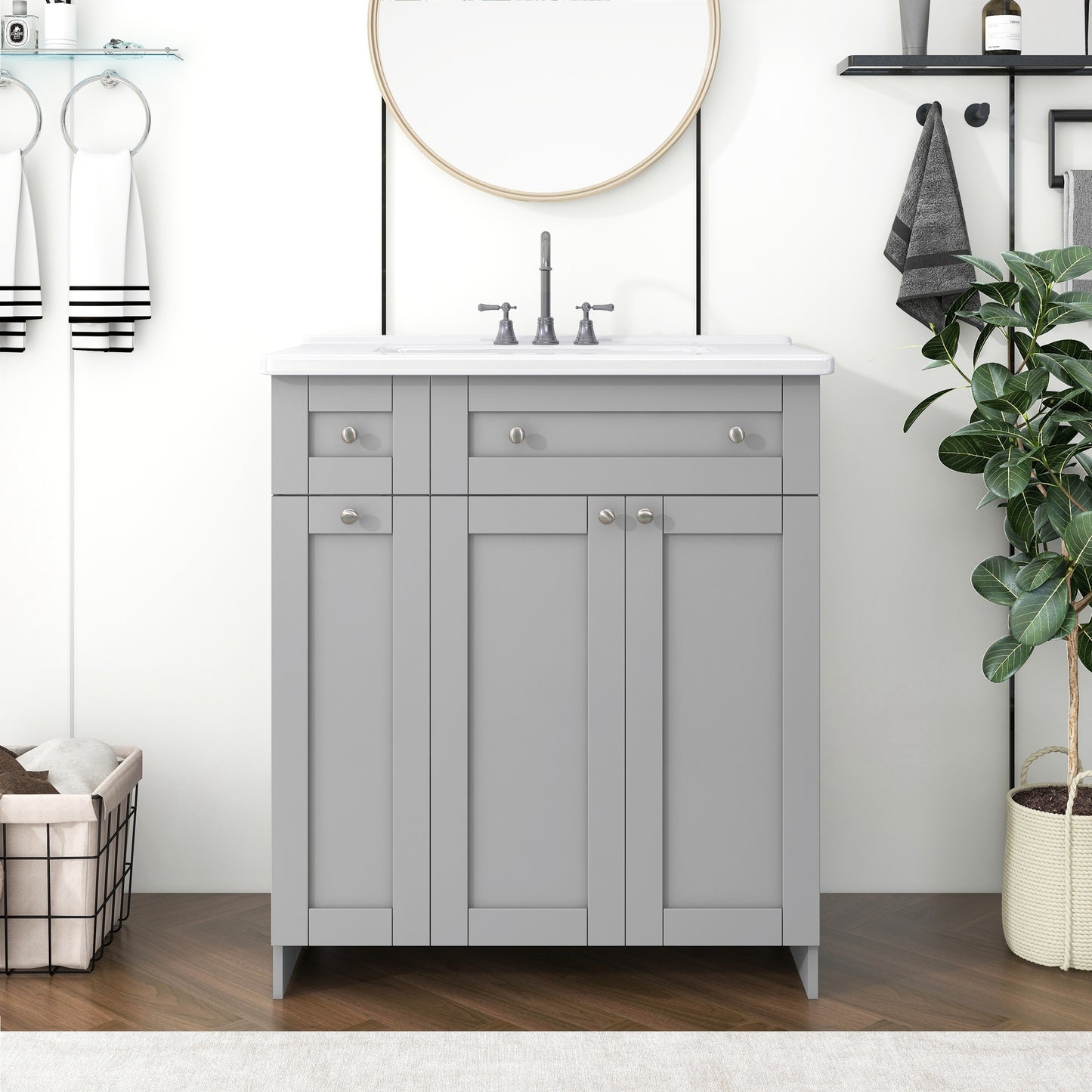 Sleek Grey Bathroom Vanity with Spacious Storage & Elegant Sink