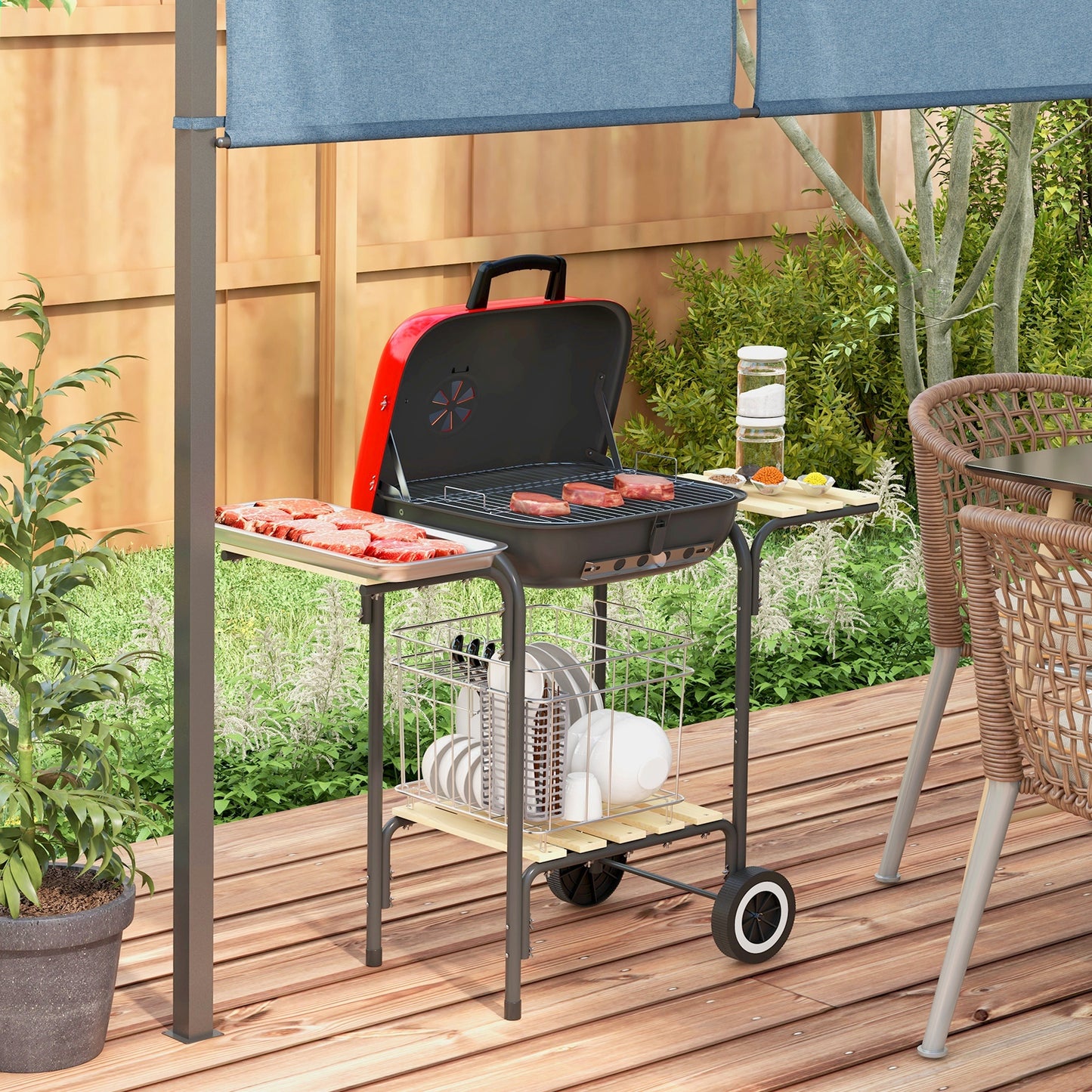 Red Hot Portable Charcoal Grill with Wheels and Side Tables