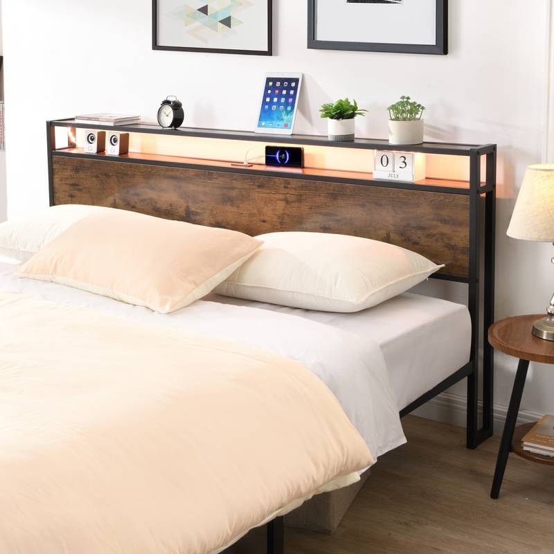 Rustic King Bed Frame with LED Lights and USB Ports