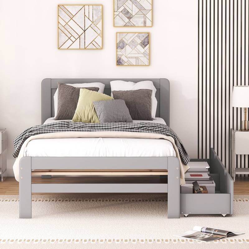 Chic Grey Twin Platform Bed with Storage Drawers