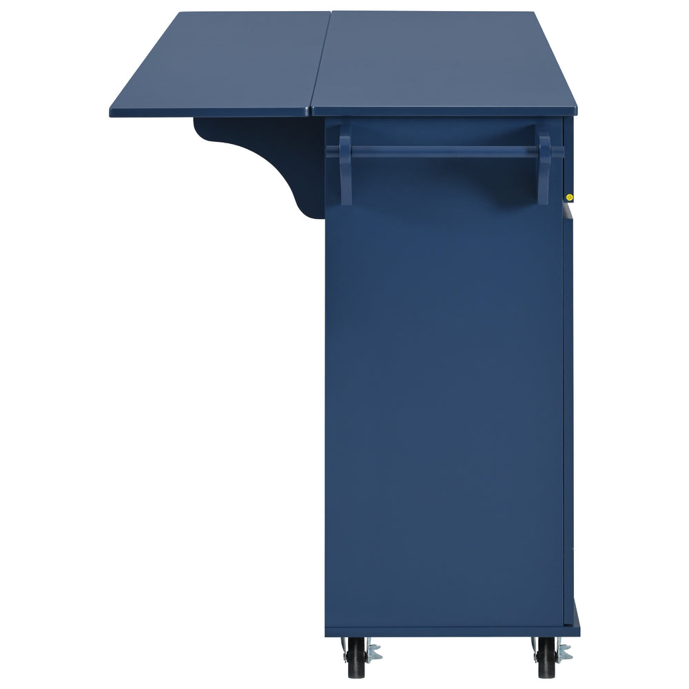 Navy Blue Rolling Kitchen Island with Drop Leaf & Storage