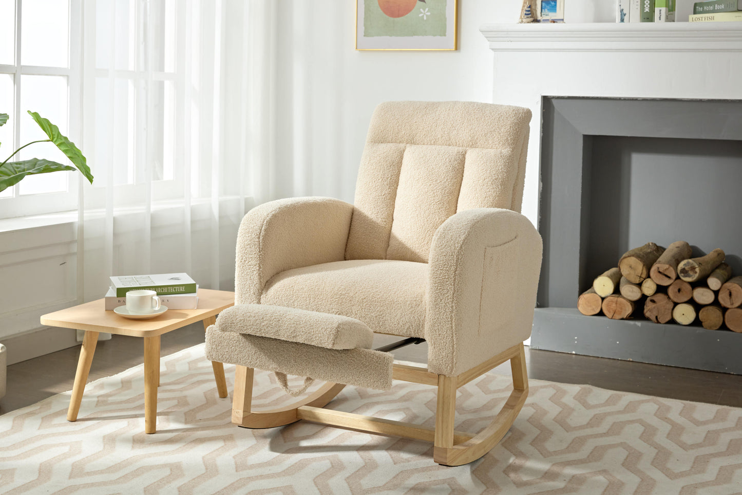 Cozy Rocking Chair with Wood Legs & Adjustable Footrest