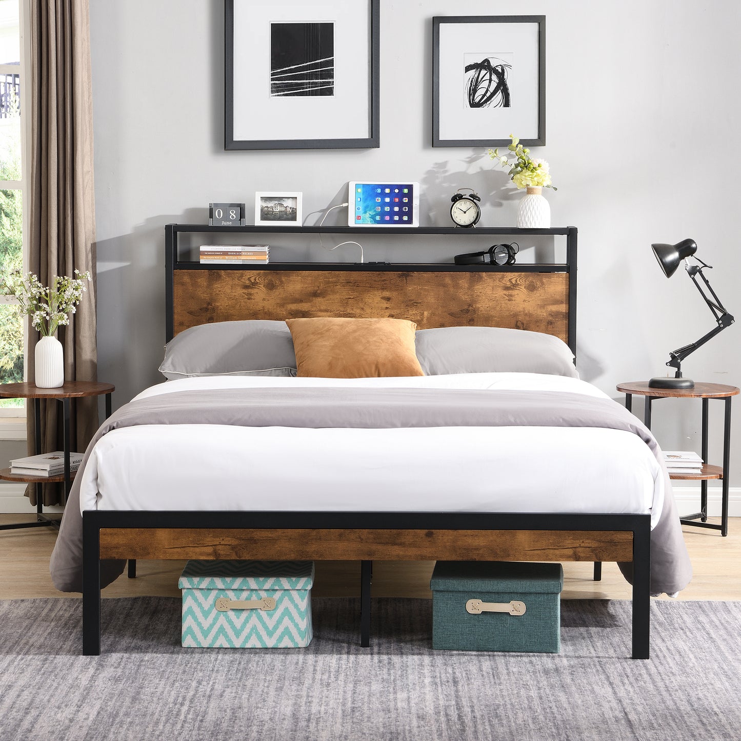 Stylish Queen Metal Bed Frame with Wooden Accents & USB Charging - No Box Spring Needed!