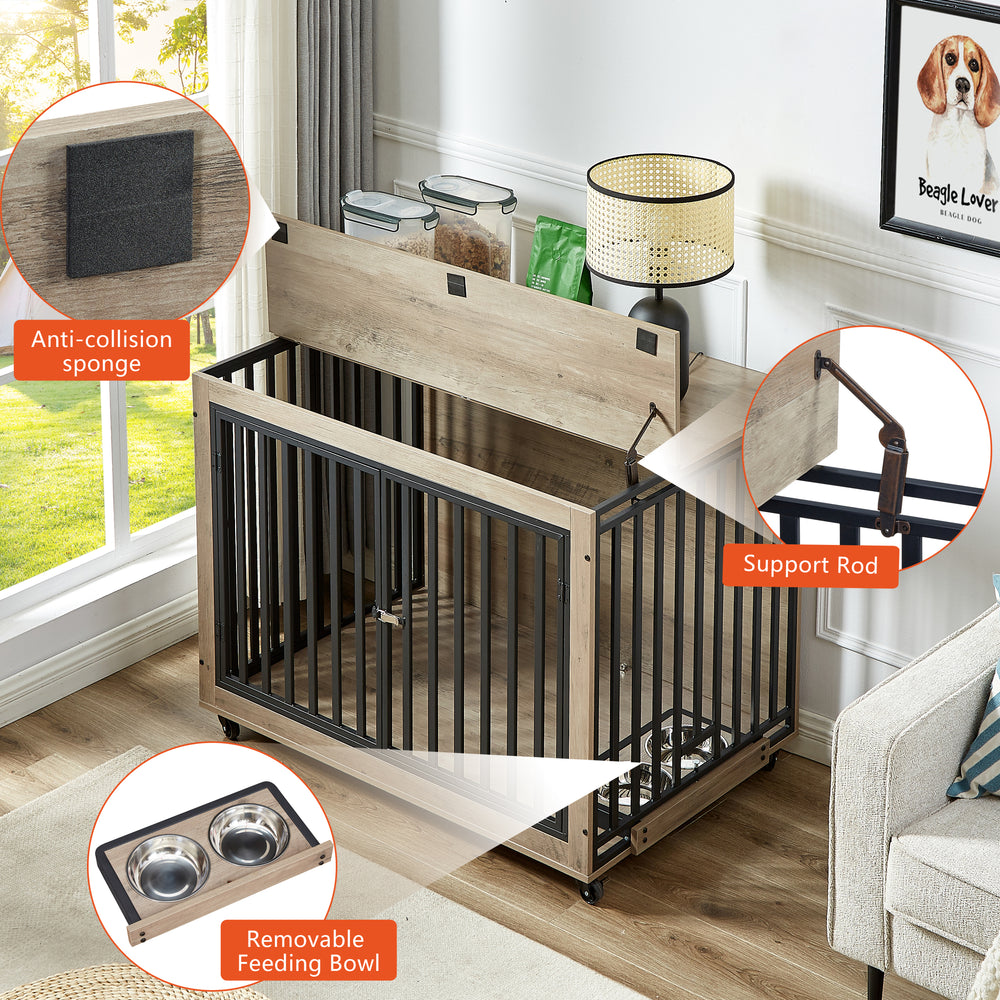 Chic Pet Crate & Side Table with Wheels & Bowls