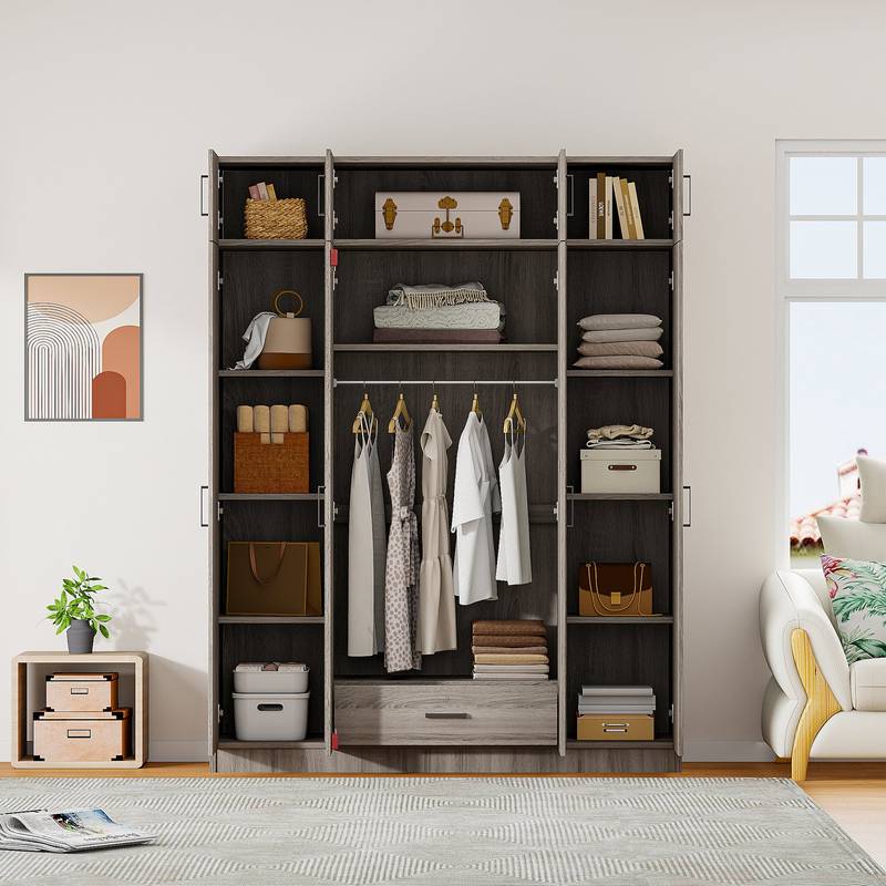 Stylish Gray Four-Door Wardrobe with Drawer and Cabinet