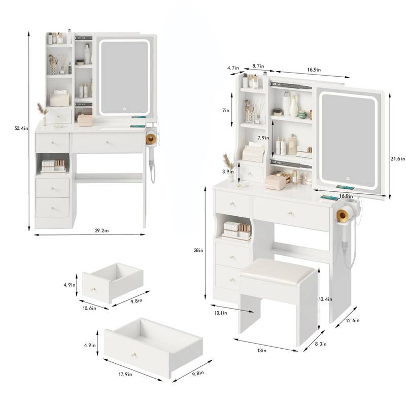 Chic Space-Saver Vanity Set with LED Mirror & Power Hub