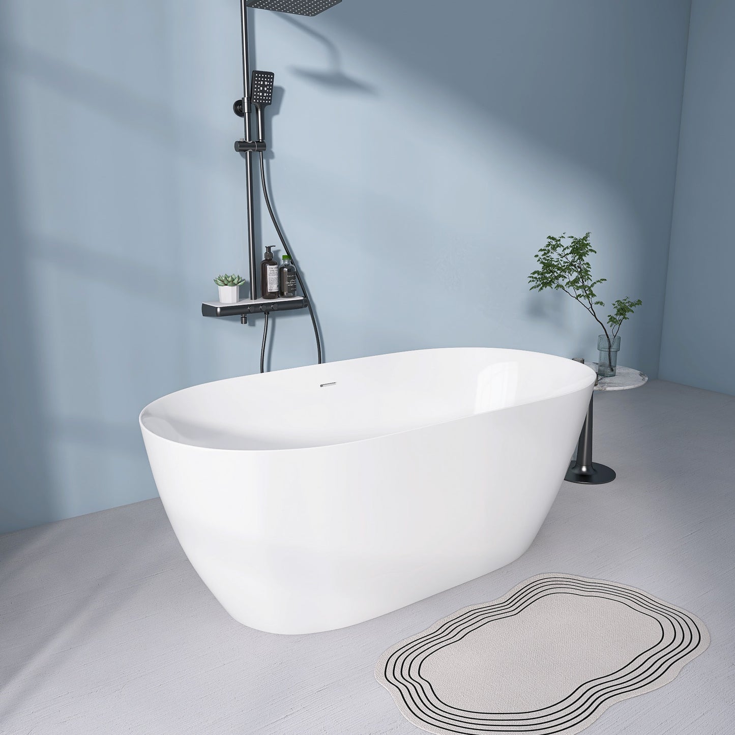 Sleek White Freestanding Soaking Tub with Pop-Up Drain