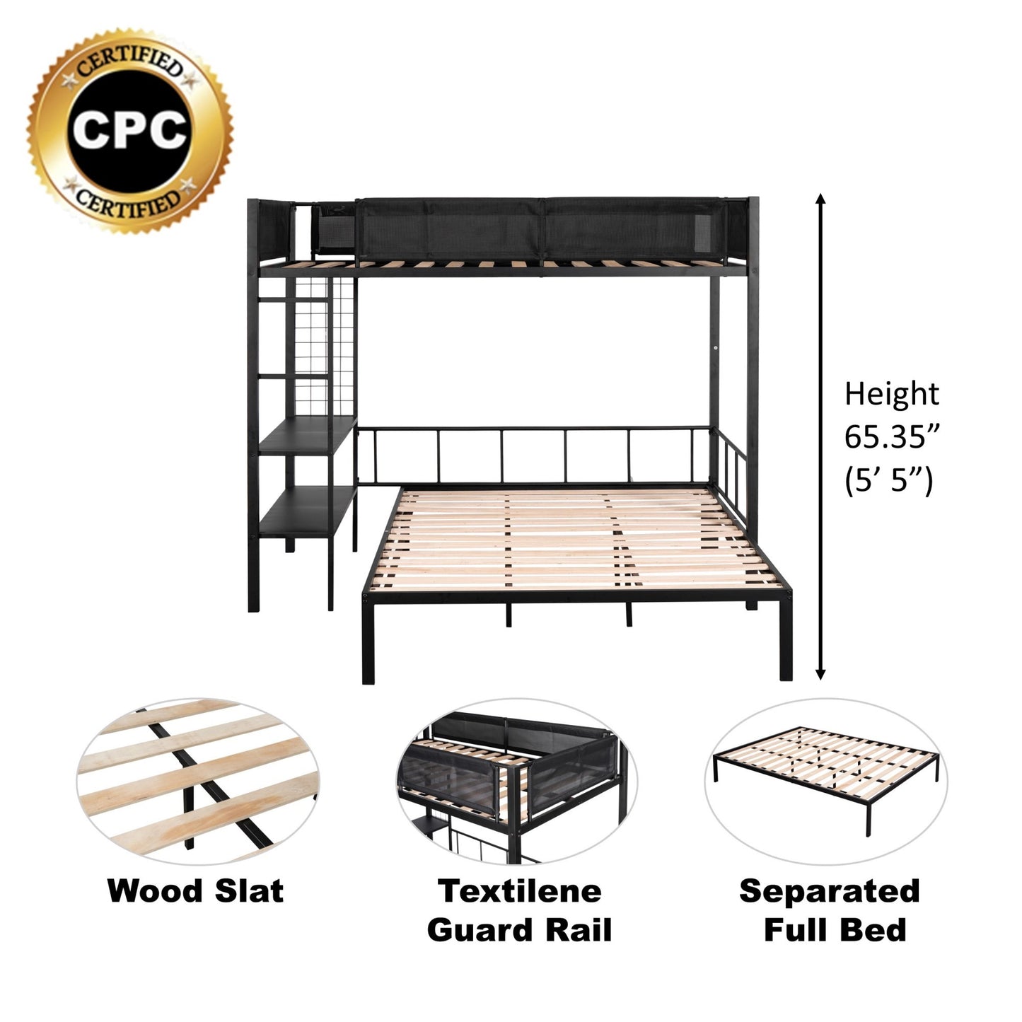 Cozy Metal Bunk Bed with Shelves & Guardrails